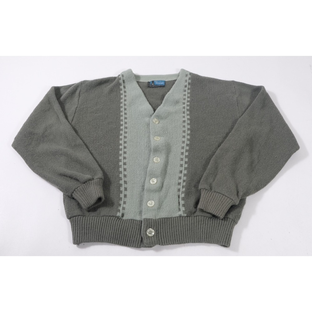 Jockey Trophy Cardigan Mens M Grey Vintage 70s Two Tone Knit V-Neck Sweater